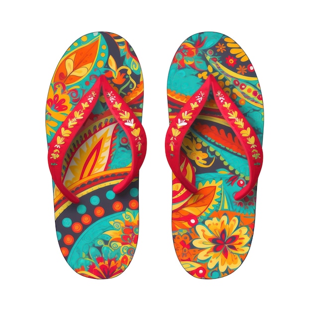 A colorful pair of flip flops with a floral pattern.