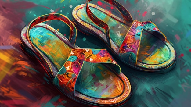 A colorful pair of sandals with the word " taco " on the bottom.