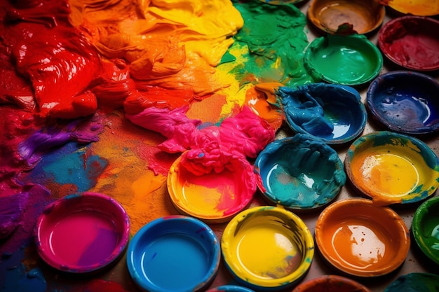 A colorful palette of paint with the colors of the rainbow.