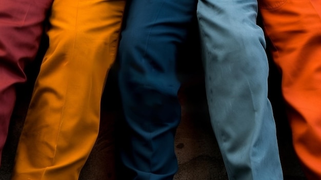 Colorful pants of different colors on the ground closeup