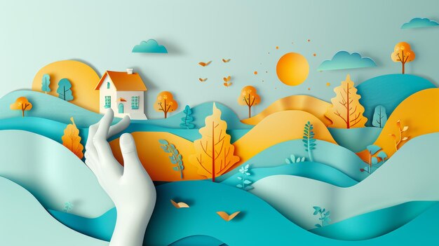 Photo colorful paper art collage illustrating worklife balance with nature house and hand elements in a modern style