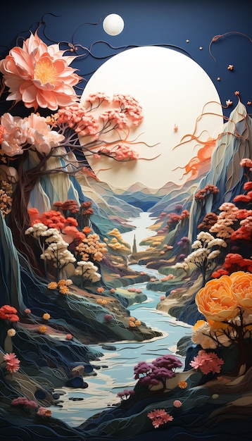 A colorful paper art creation featuring mountain scenery