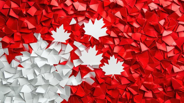 Colorful paper art featuring Canadian flag with multiple maple leaves in red and white highlighting national pride and creativity