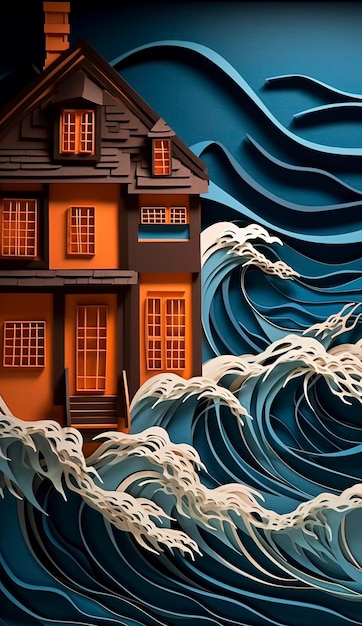 Colorful paper art featuring house and waves in the sea Generative ai