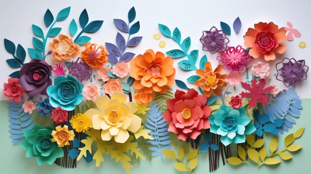 A colorful paper art of flowers and trees generative ai