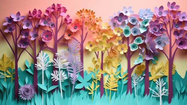 A colorful paper art of flowers and trees generative ai