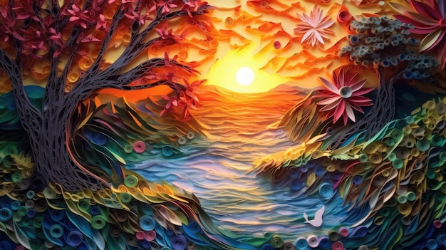 A colorful paper art piece with a sunset in the background.