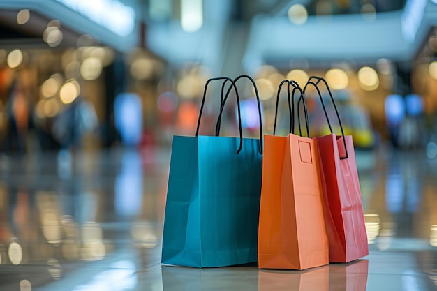 Colorful paper bags on background of shopping center Creative concept of shopping day sale