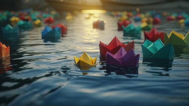 Colorful paper boats in the sea Generative Ai