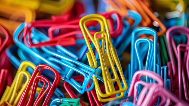 Colorful paper clips in a close up shot