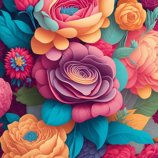 A colorful paper collage of flowers and leaves.