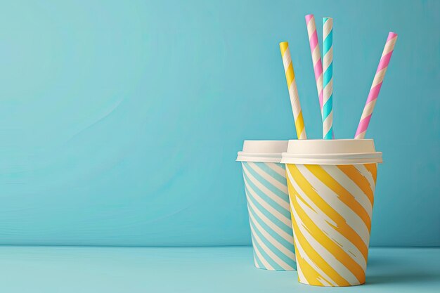 Photo colorful paper cup or container for coffee or cocktail and paper drinking straws