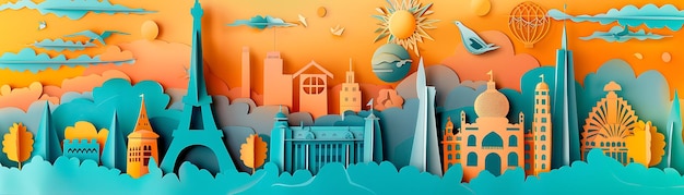 Photo colorful paper cut city skyline with famous landmarks and hot air balloon