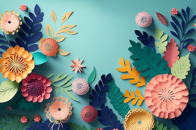 Colorful paper cut flowers with green leaves on blue background Illustration Generative AI