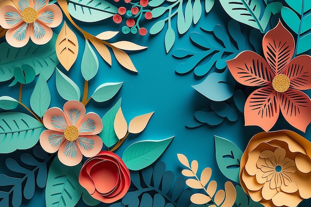 Colorful paper cut flowers with green leaves on blue background Illustration Generative AI