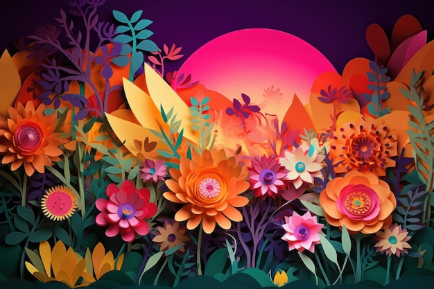 A colorful paper cut out of flowers with a sunset in the background.