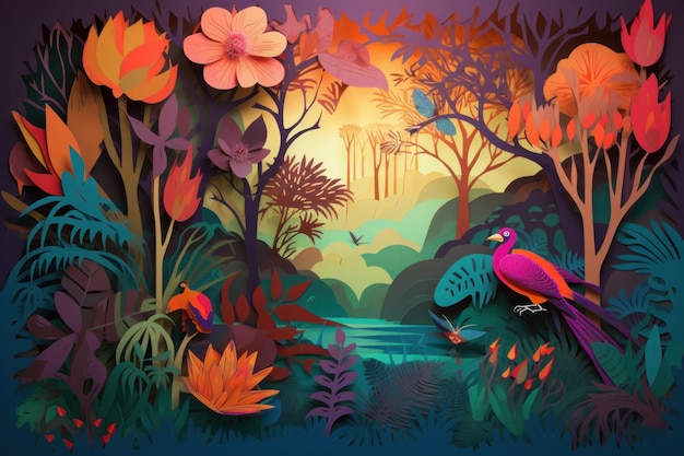 A colorful paper cut out of a jungle scene with birds and flowers.