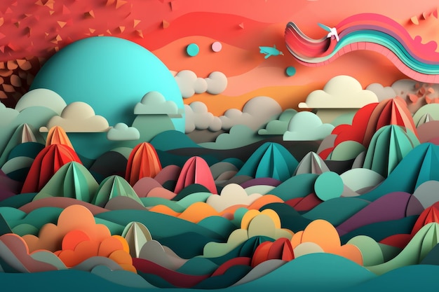 A colorful paper cut out of a mountain with a plane flying above it.