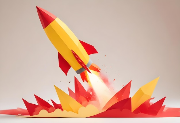 A colorful paper cut out rocket on a white studio background