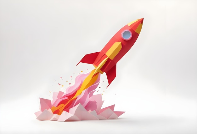 A colorful paper cut out rocket on a white studio background