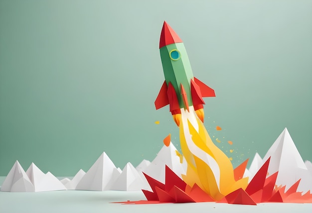 A colorful paper cut out rocket on a white studio background