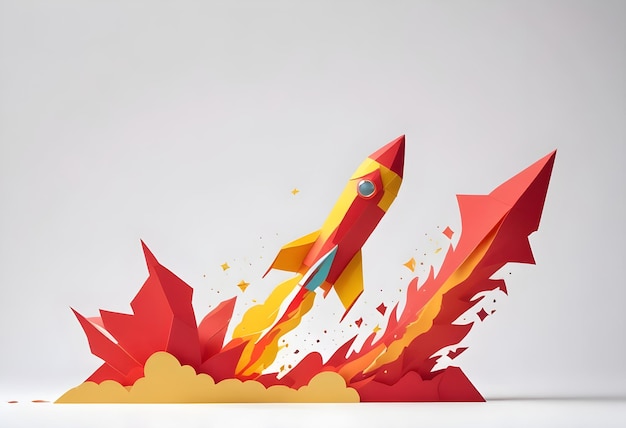 A colorful paper cut out rocket on a white studio background