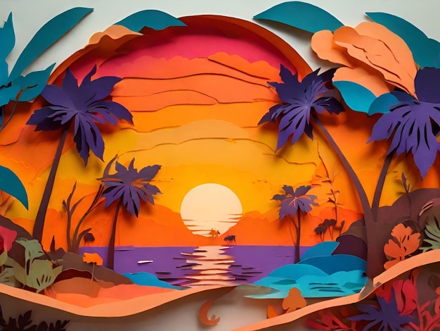 A colorful paper cut out scene of a coaxs bazar beech Bangladesh like sunset