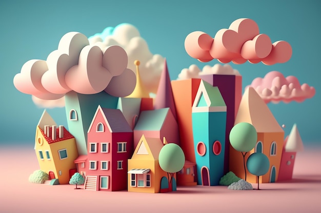 A colorful paper cut out of a small town with a tree on the left and a cloud in the background.