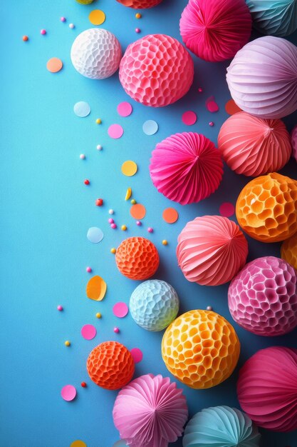 Photo colorful paper decor balls and confetti create a festive atmosphere on a blue background