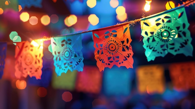 Colorful paper decorations against a blurred light background for a festive atmosphere