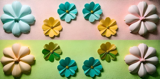 A colorful paper flower arrangement with a green and yellow background