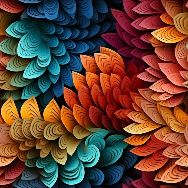 Colorful paper flowers are arranged in a pattern on a wall generative ai