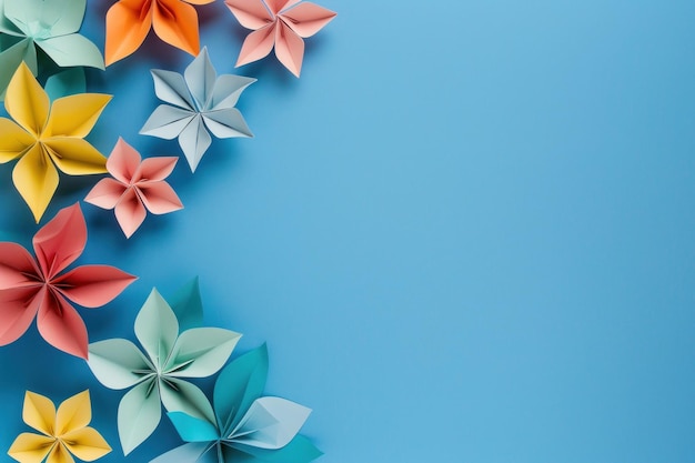 Colorful paper flowers arranged artistically on a blue background creating a vibrant decorative display