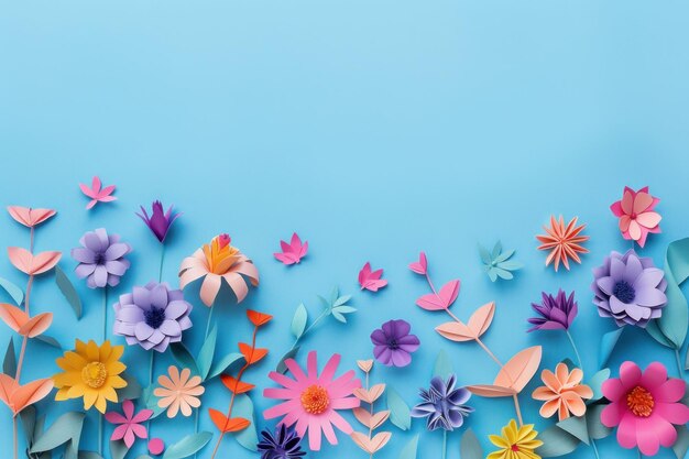 Colorful paper flowers on a light blue background creating a vibrant and playful atmosphere