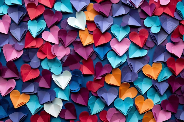 Colorful paper hearts on blue background Valentines day background