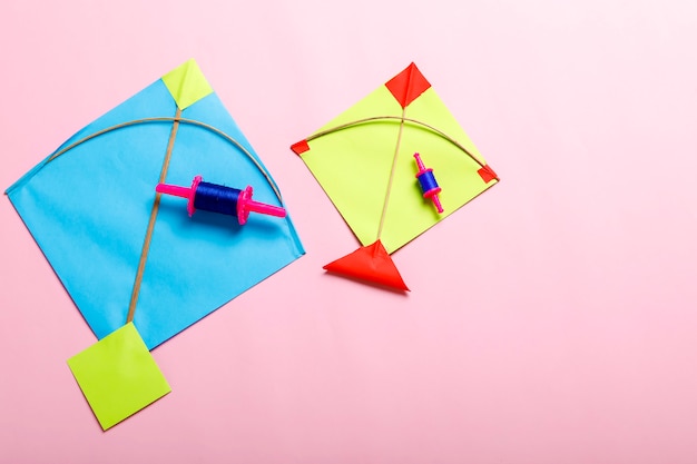 Colorful paper kites and string , Makar Sankranti festival Concept