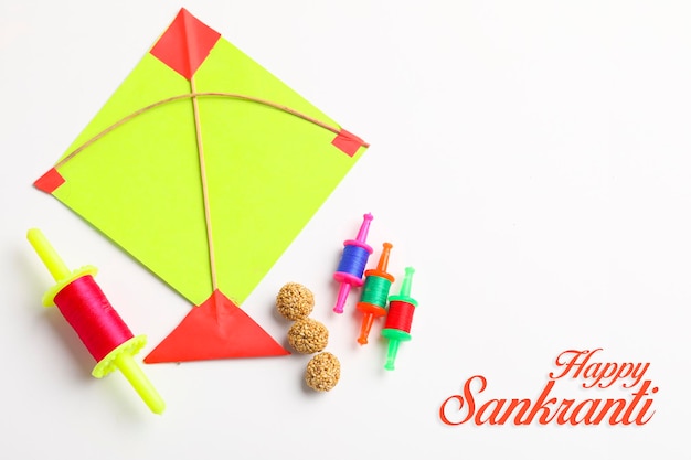 Colorful paper kites and string , Makar Sankranti festival Concept