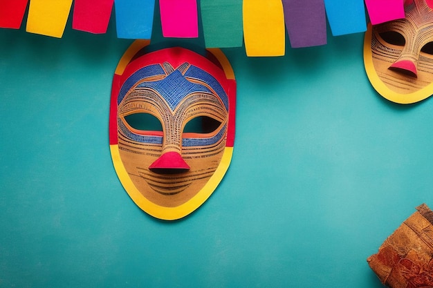 A colorful paper mache mask hangs above a blue background with a colorful banner that says mayan.