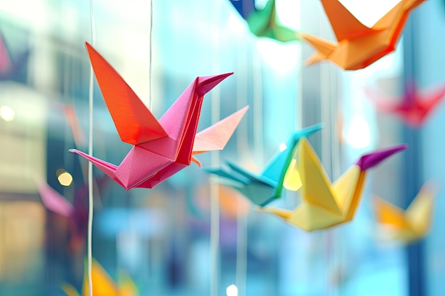 Photo colorful paper origami birds tied to strings