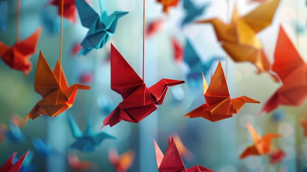 Photo colorful paper origami birds tied to strings