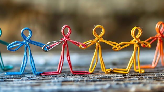 Colorful paperclip people holding hands in a line