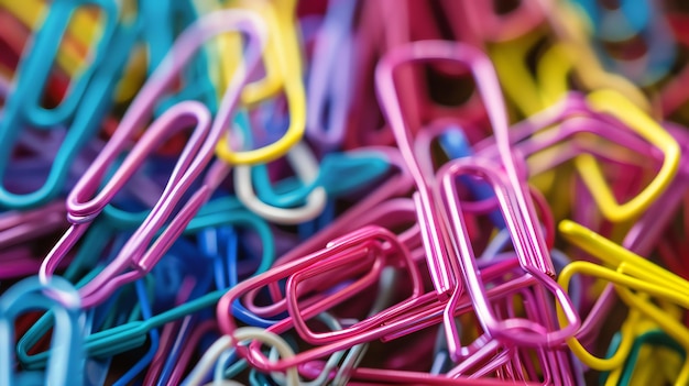 Colorful paperclips in a pile close up macro shot