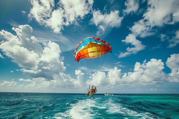 a colorful parachute is in the air above the water