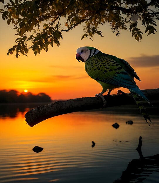 A colorful Parakeet bird sits on a branch