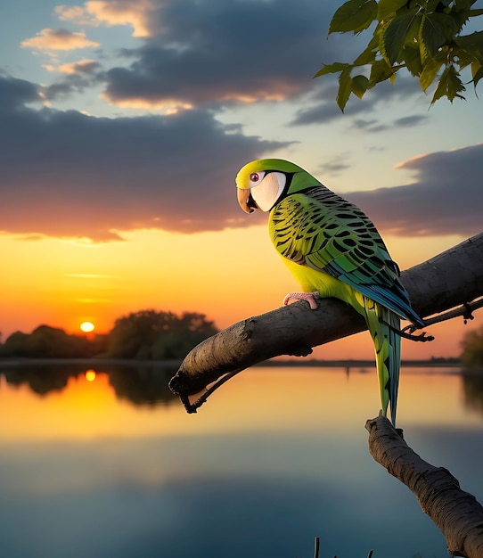 A colorful Parakeet bird sits on a branch