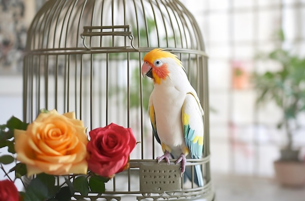 Colorful parrot bird sitting outside antique cage Generative ai