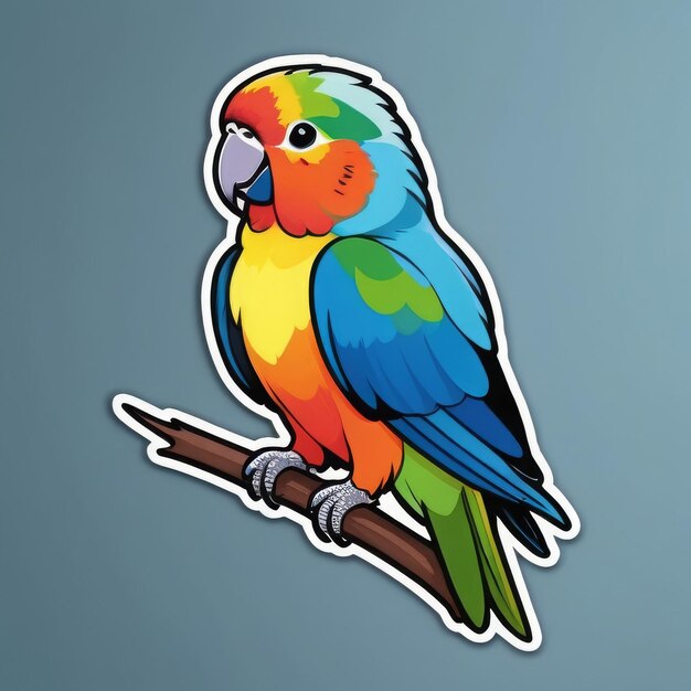 a colorful parrot on a branch with a sticker that says parrot on it