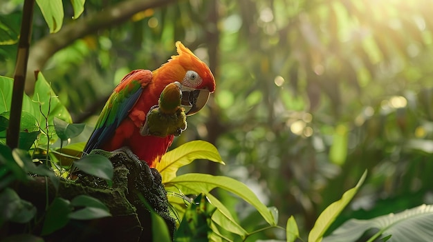 Photo a colorful parrot feeding its baby in a lush rainforest