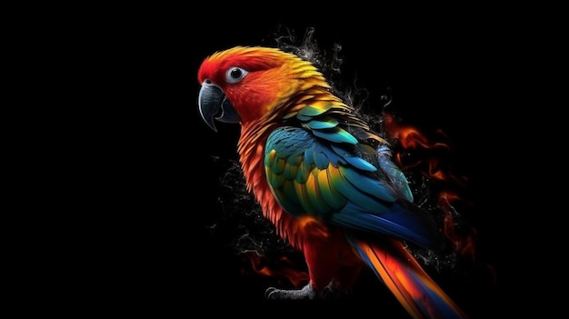 Colorful parrot on fire isolated on black backgroundgenerative ai