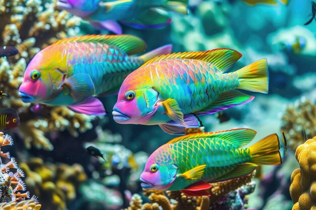 Photo colorful parrot fish school feeding on coral reef